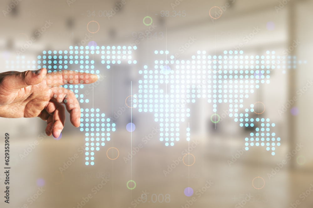 Double exposure of man hand presses on abstract digital world map on blurred office background, research and strategy concept Double exposure of man hand presses on abstract digital world map on blurred office background, research and strategy concept