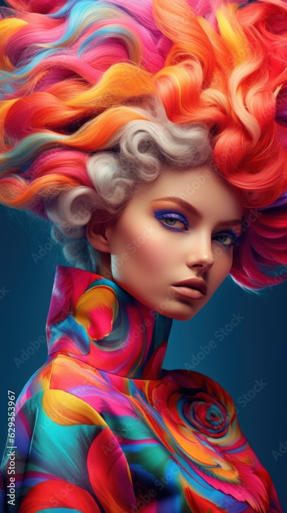 Fototapeta premium Fashion portrait of a woman with a fashionable colorful hairstyle