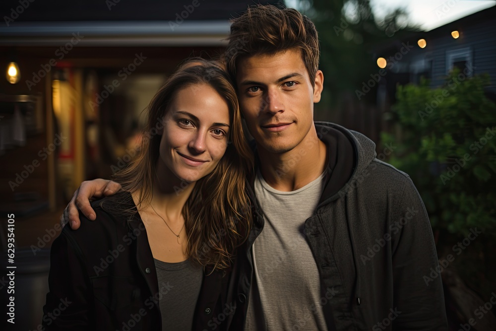 Portrait of middle class young american couple in US suburbs home yard Portrait of middle class young american couple in US suburbs home yard
