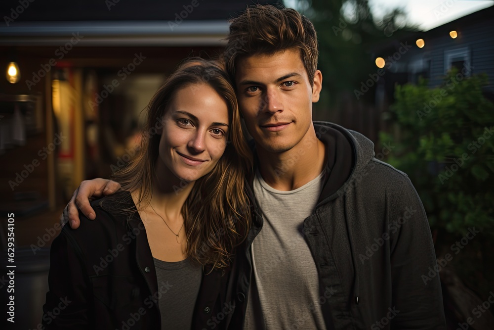 Portrait of middle class young american couple in US suburbs home yard