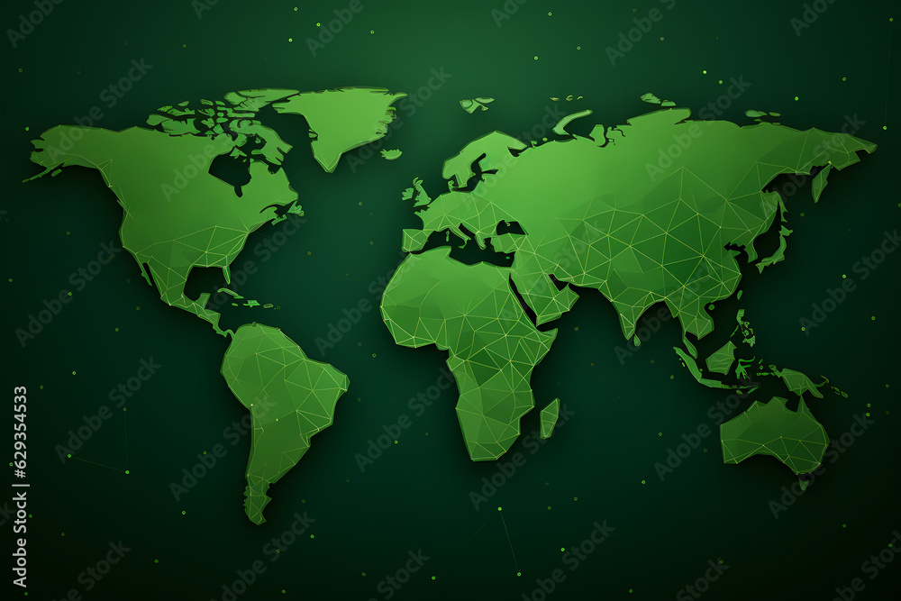 Naklejka premium World map green color simple continent outline Generative AI