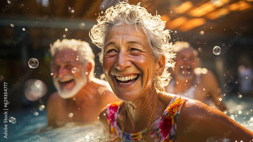 elderly couple doing water aerobics together