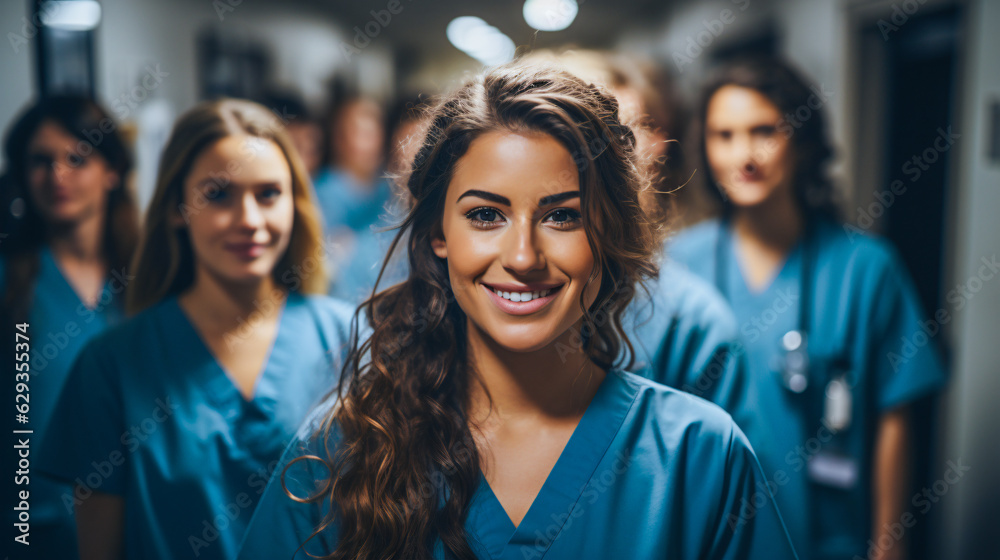 medical personal standing smiling together in the floor of a clinic