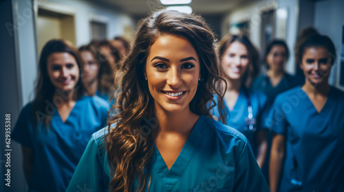 medical personal standing smiling together in the floor of a clinic