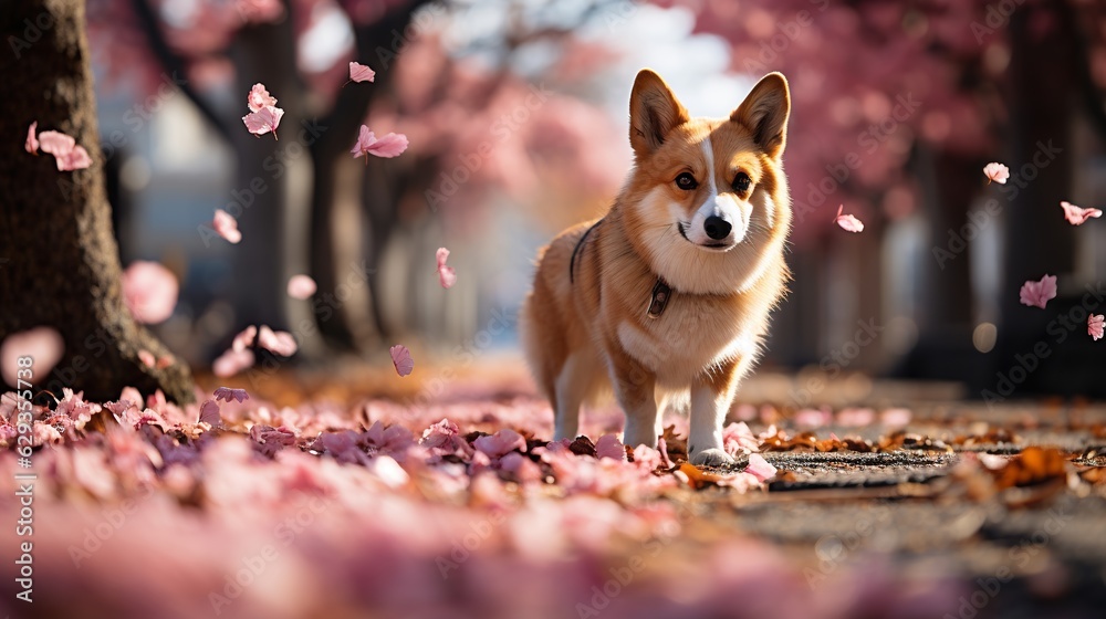 Walking dogs under pink cherry blossom trees