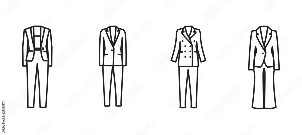 Woman business clothes and office wear collection, fashion wardrobe, Outfit party, Fashion Line Icons set. woman dress vector icon outline illustration.