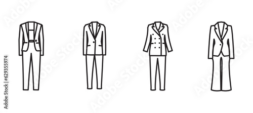 Woman business clothes and office wear collection, fashion wardrobe, Outfit party, Fashion Line Icons set. woman dress vector icon outline illustration.