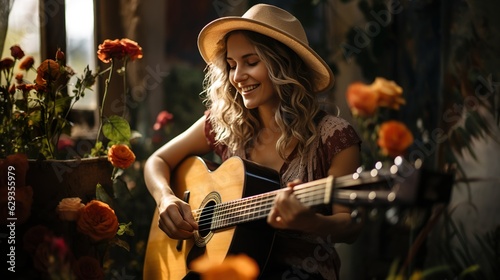 Happy woman plays guitar