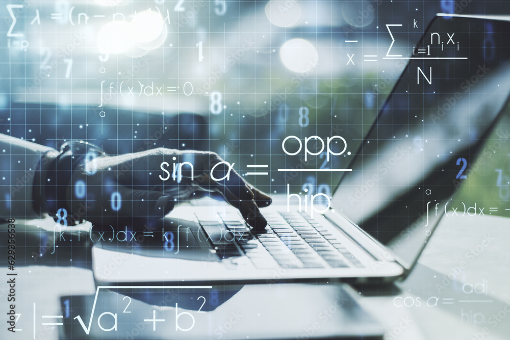 Naklejka premium Double exposure of creative scientific formula concept with hands typing on laptop on background, research and development concept