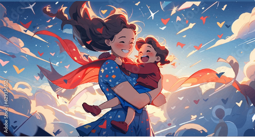 mom in superhero costume holds daughter on his shoulders. Happy Mother's day greeting card. Cartoon character