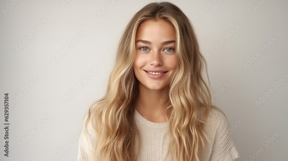 Beautiful young woman model poses in front of a white studio backdrop. Beautiful young woman model poses in front of a white studio backdrop.