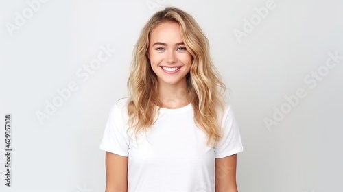 Beautiful young woman model poses in front of a white studio backdrop.