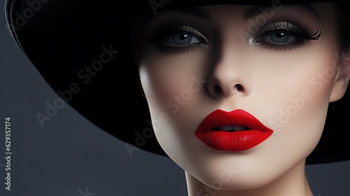 Red Lips Make up Closeup. Mysterious Fashion Woman Face Hidden by Black brimmed Hat. Elegant Retro Lady Fine Art Portrait over Gray Background, generative ai