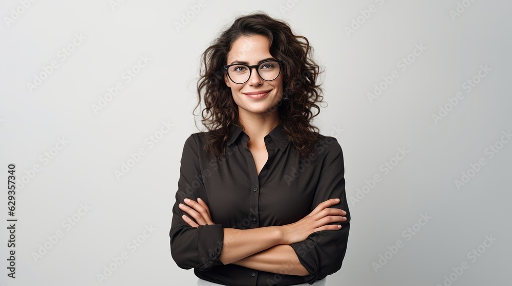 Portrait of a businesswoman with her arms crossed in front of the camera, isolated on a white background Portrait of a businesswoman with her arms crossed in front of the camera, isolated on a white background