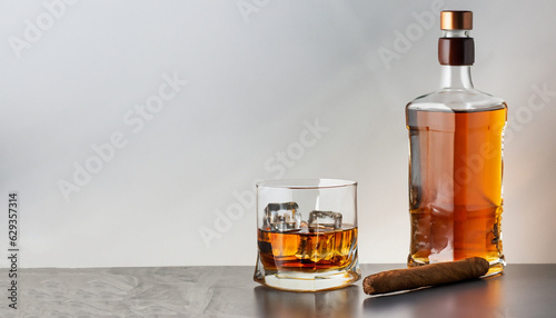 A bottle and a glass of whiskey with ice and a steaming Cuban cigar on a table against a light background. Men's club banner idea. Copy space for text