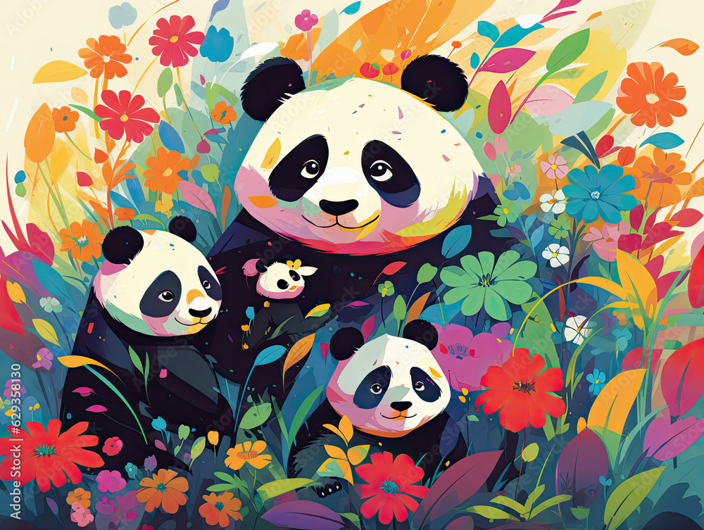 Lovely Panda Family having Fun in a Leafy Meadow - Generative AI Illustration Lovely Panda Family having Fun in a Leafy Meadow - Generative AI Illustration