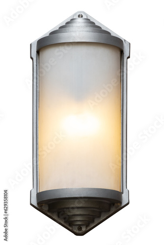 art deco wall sconce illuminated on a transparent background, silver geometric case with cylindrical glass cover