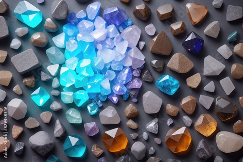 Colorful crystals on dark background. 3D rendering. Bokeh effect. Crystals and stones, knolling layout