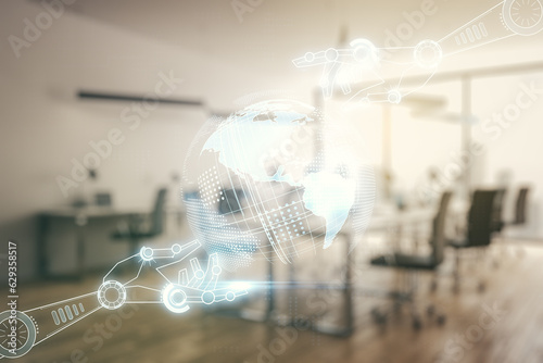 Double exposure of abstract virtual robotics technology with world map hologram on modern corporate office background. Research and development software concept