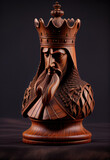 Roughly carved wood figurine of a chess king. Homemade figure of a chess king on a dark background. AI generated