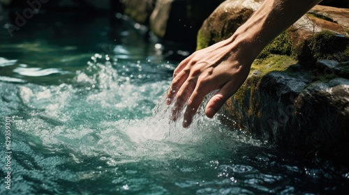 person's hand touching the water at the base of a waterfall generative ai © ThisDesign