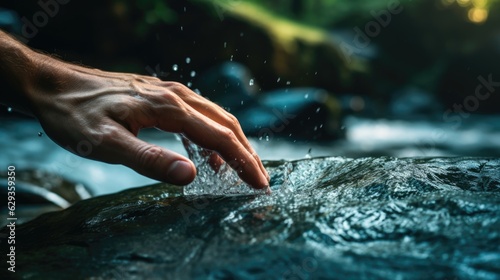 person s hand touching the water at the base of a waterfall generative ai
