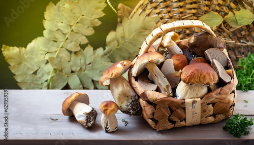 Foto art Basket with fresh porcini mushrooms in the summer or autumn season; cep mush