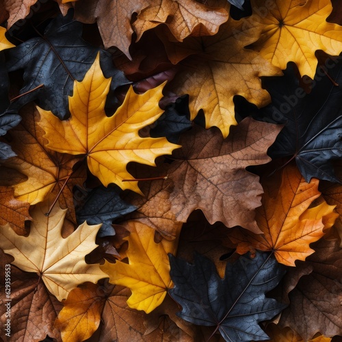 A seamless texture of autumn leaves on the ground. Generative AI. 