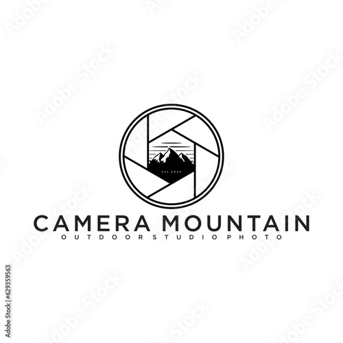 camera lens outdoor photography logo with nature mountain symbol vector illustration design