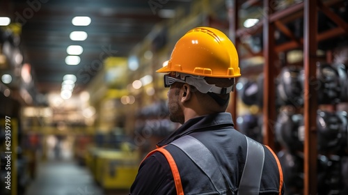 Factory Worker wearing orange helmet and industrial safety. Generative ai