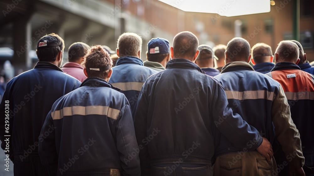 Fototapeta premium a group of factory workers seen from behind, doing a demonstration. Generative ai
