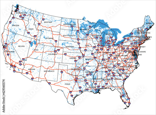 United States of America USA roads water and highway map as vector illustration