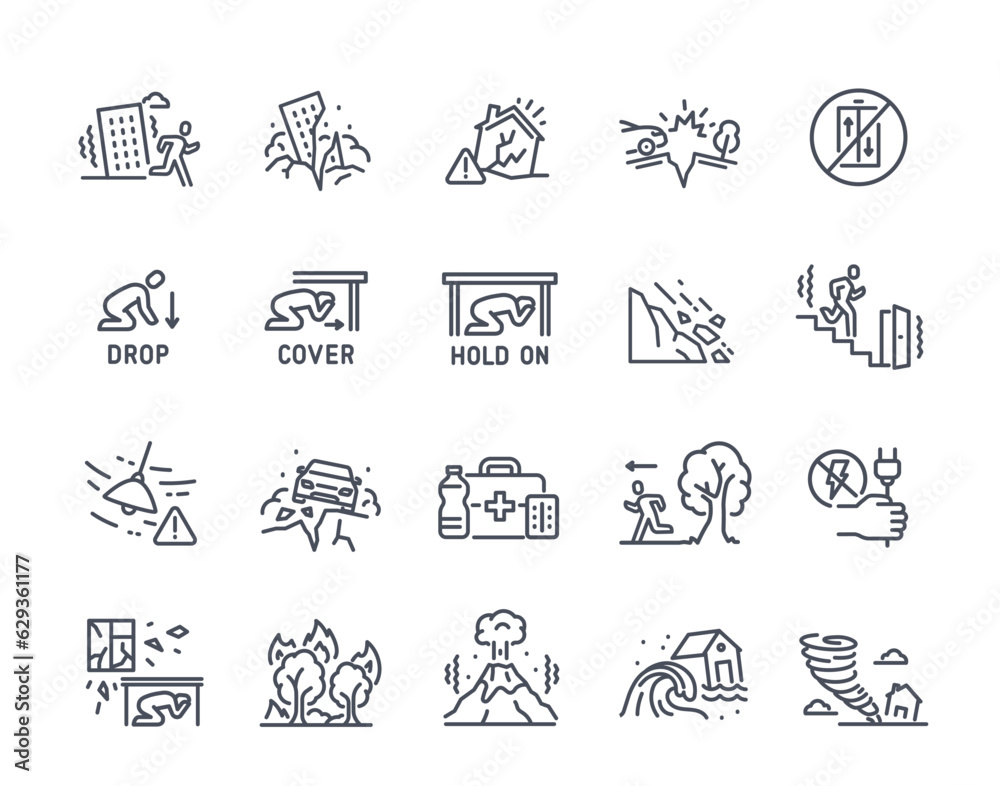 Natural disaster icons set. Instructions for evacuation of earthquake, tornado, flood, tsunami and volcanic eruption. Seismic safety and destruction. Linear flat vector isolated on white background Natural disaster icons set. Instructions for evacuation of earthquake, tornado, flood, tsunami and volcanic eruption. Seismic safety and destruction. Linear flat vector isolated on white background