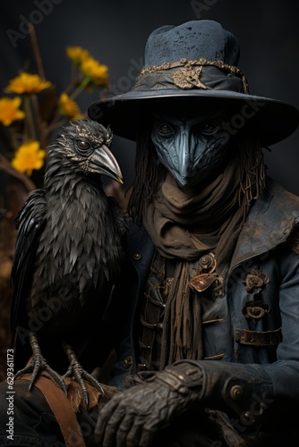 A creepy costume of a raven scarecrow witch. Generative AI. 