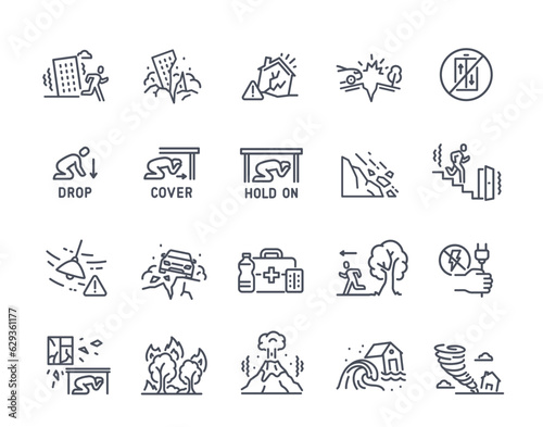 Natural disaster icons set. Instructions for evacuation of earthquake, tornado, flood, tsunami and volcanic eruption. Seismic safety and destruction. Linear flat vector isolated on white background