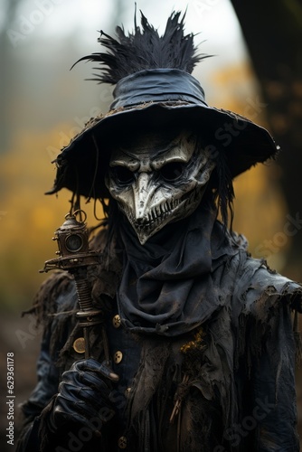A creepy costume of a raven scarecrow witch. Generative AI. 