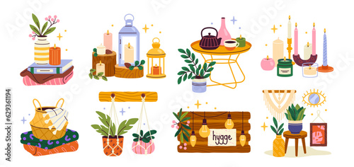 Hygge decoration set. Elements for cozy interior with aroma candles and candlesticks, indoor plants and blanket, coffee table and tea. Cartoon flat vector collection isolated on white background