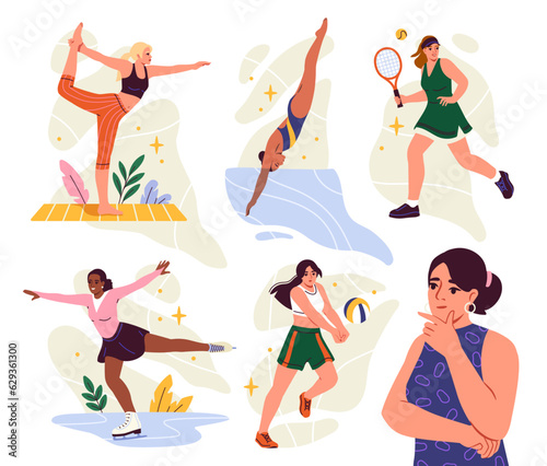 Woman chooses sports set. Female character engaged in yoga and swimming, skating, playing tennis and volleyball. Girl thinks about physical activity. Cartoon flat vector isolated on white background