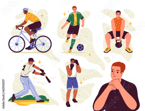 Man chooses sports set. Character rides bike and goes in for boxing, plays football and baseball, does fitness in gym. Guy thinking between physical activities. Cartoon flat vector illustrations