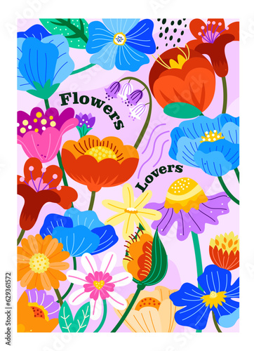 Posters with spring flowers. Abstract flyer with flowering plants and leaves, buds and foliage. Beautiful bright design with bloom for greeting cards and brochures. Cartoon flat vector illustration © Rudzhan