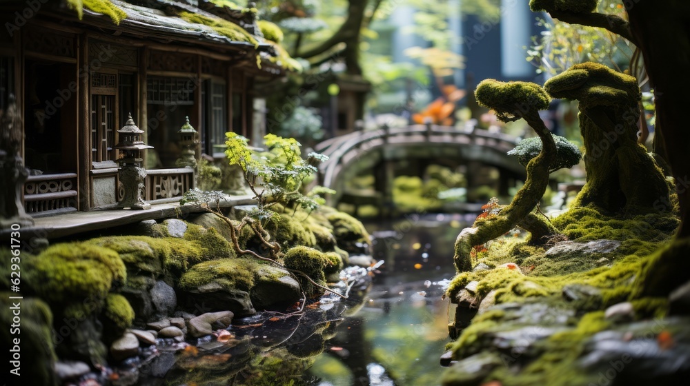 A mossy peaceful Asian themed garden. Generative AI. 