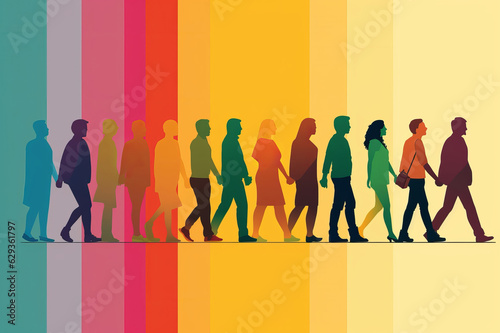 Group of divergent people over rainbow background. Community of diverse and multi-ethnic people. Acceptance and tolerance for individual differences.
