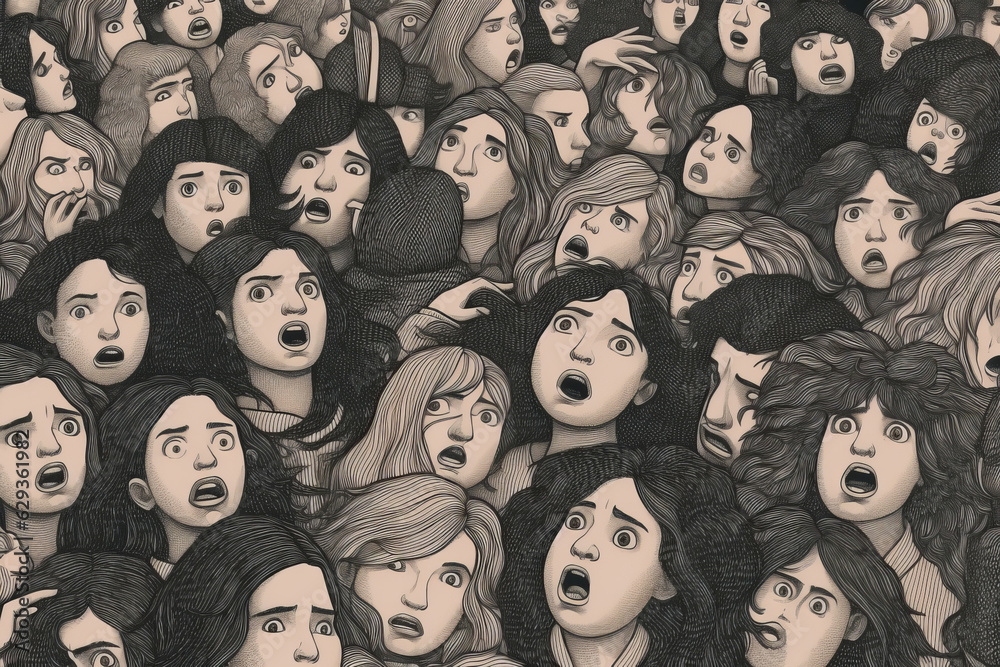 Depressed sad person surrounded by people. Psychology, solitude, fear or mental health problems concept.