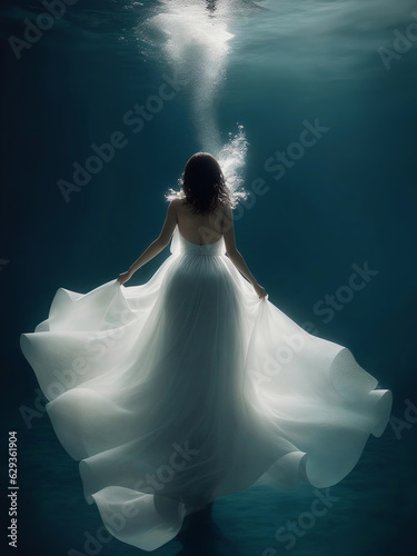A woman in a white dress swims underwater