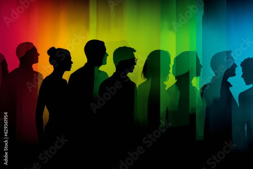 Group of divergent people over rainbow background. Community of diverse and multi-ethnic people. Acceptance and tolerance for individual differences.