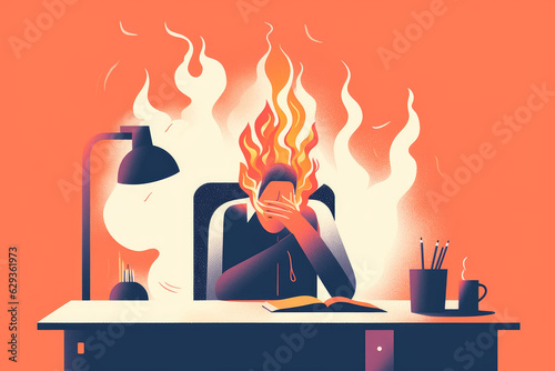 Exhausted office worker overwhelmed with computer job. Male employee suffer from headache from screen. Office clerk collapsing from overwork or stress. Burnout at work.