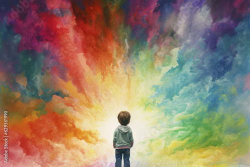 A child in rainbow coloured imaginary world. Child mental health concept. ASD, autism spectrum disorder awareness concept. Asperger's syndrome, early intervention.