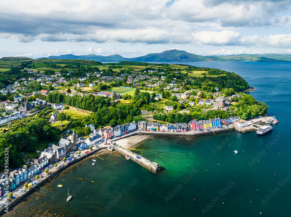 View of Marina in Tobermory from a drone, Isle of Mull, Scotland, UK