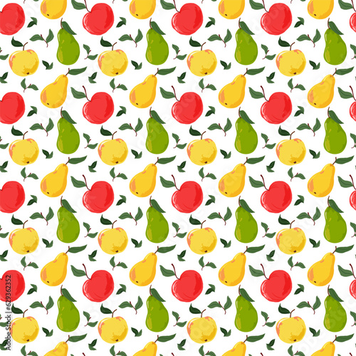 Fototapeta Naklejka Na Ścianę i Meble -  Pattern with fruits - pears and apples. Vector. Flat illustration. For packaging, fabrics, clothes and other decorating tablecloths, kitchen textiles.