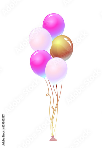 Festive colorful balloons. Helium flying balloons with ribbon for decorating wedding ceremonies or shop openings, holidays and birthdays. Cartoon vector collection isolated on white background